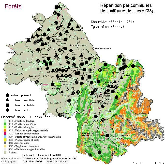 Chouette effraie (Tyto alba (Scop.)): carte de rpartition en Isre