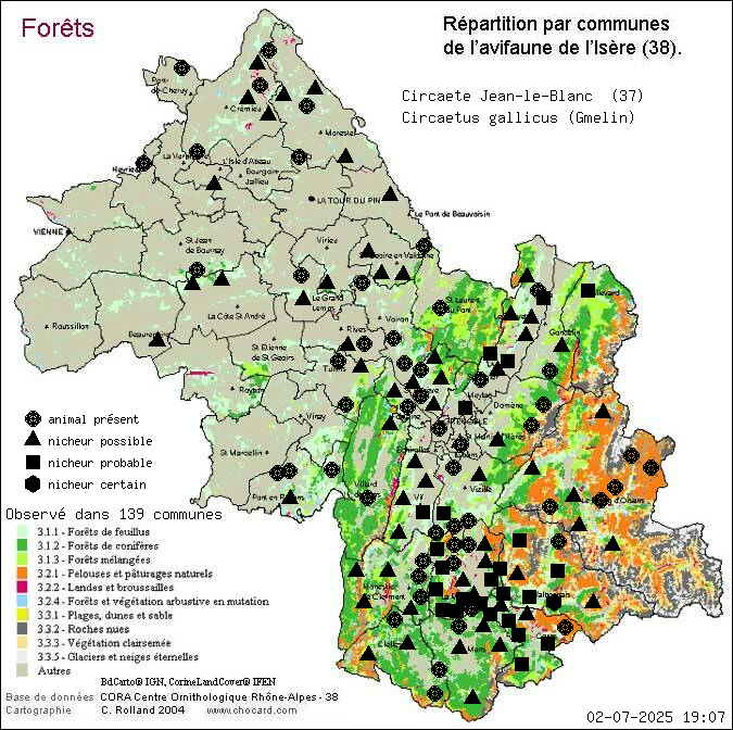 Circate Jean-le-Blanc (Circaetus gallicus (Gmelin)): carte de rpartition en Isre