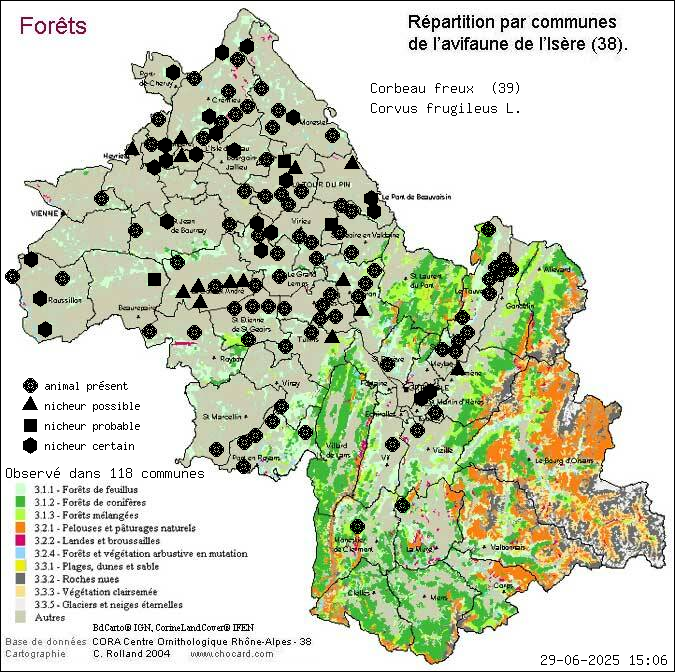 Corbeau freux (Corvus frugileus L.): carte de rpartition en Isre