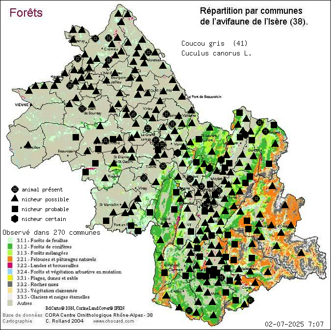 Coucou gris (Cuculus canorus L.): carte de rpartition en Isre