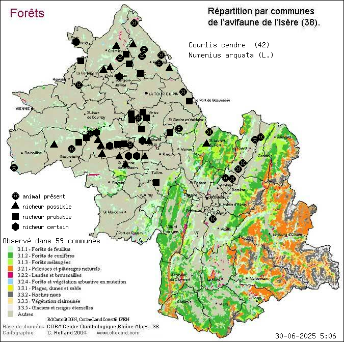 Courlis cendr (Numenius arquata (L.)): carte de rpartition en Isre