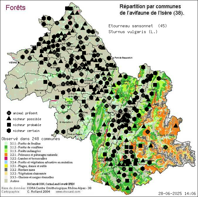 Etourneau sansonnet (Sturnus vulgaris (L.)): carte de rpartition en Isre