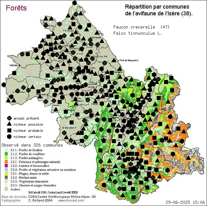 Faucon crcerelle (Falco tinnunculus L.): carte de rpartition en Isre