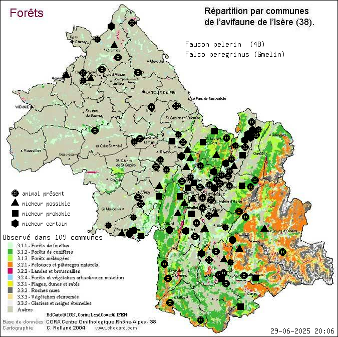 Faucon plerin (Falco peregrinus (Gmelin)): carte de rpartition en Isre