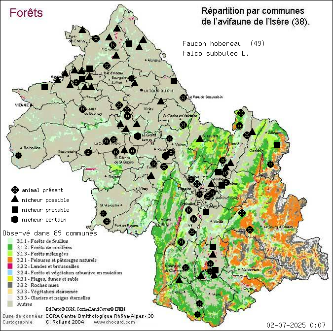 Faucon hobereau (Falco subbuteo L.): carte de rpartition en Isre