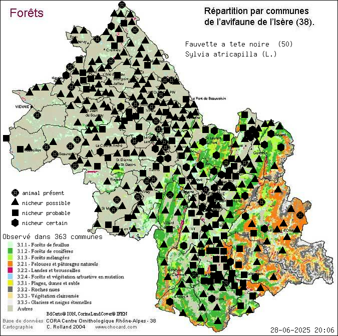 Fauvette  tte noire (Sylvia atricapilla (L.)): carte de rpartition en Isre