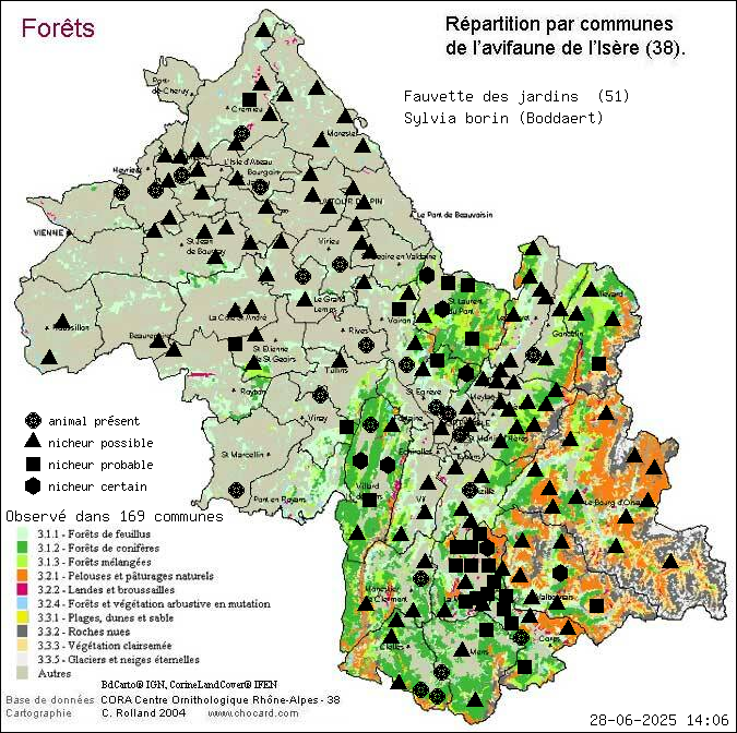 Fauvette des jardins (Sylvia borin (Boddaert)): carte de rpartition en Isre