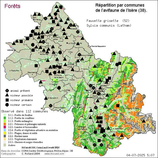 Fauvette grisette (Sylvia communis (Latham)): carte de rpartition en Isre