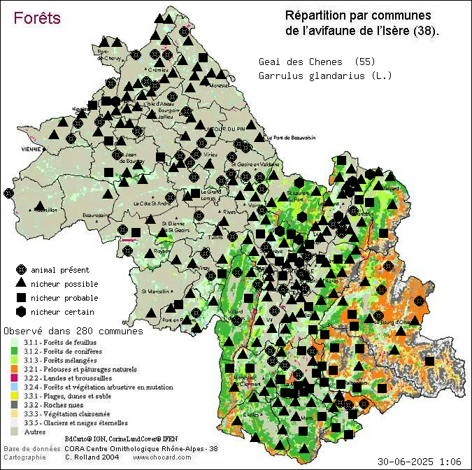 Geai des Chnes (Garrulus glandarius (L.)): carte de rpartition en Isre