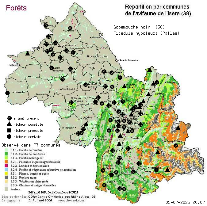 Gobemouche noir (Ficedula hypoleuca (Pallas)): carte de rpartition en Isre