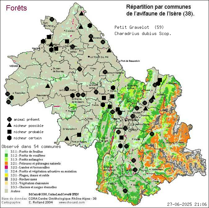 Carte de rpartition par communes en Isre d'une espce d'animal: Petit Gravelot (Charadrius dubius Scop.) selon Forts