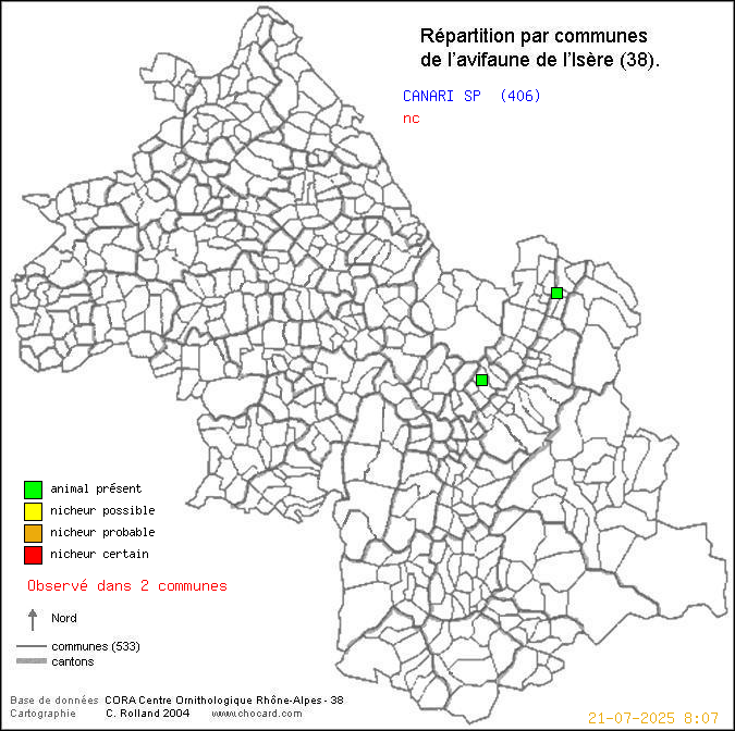 Carte de répartition par communes en Isère d'une espèce d'animal: CANARI SP (nc) selon Communes et cantons