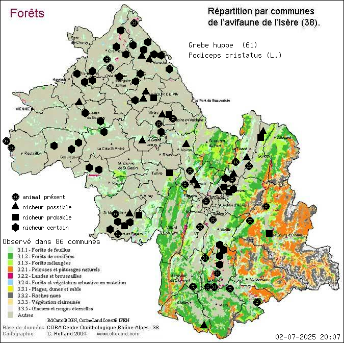 Carte de rpartition par communes en Isre d'une espce d'animal: Grbe hupp (Podiceps cristatus (L.)) selon Forts