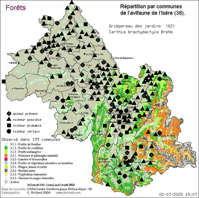 Grimpereau des jardins (Certhia brachydactyla Brehm): carte de rpartition en Isre