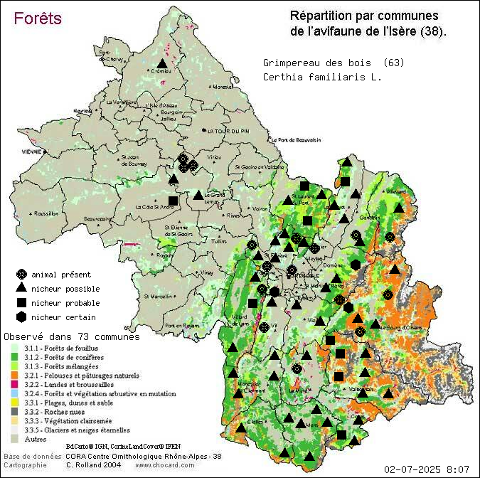 Carte de rpartition par communes en Isre d'une espce d'animal: Grimpereau des bois (Certhia familiaris L.) selon Forts