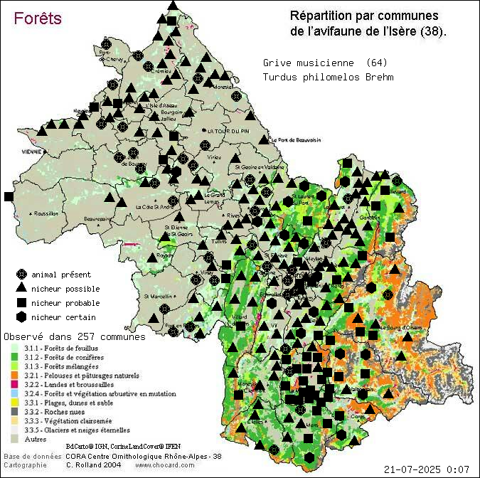 Carte de rpartition par communes en Isre d'une espce d'animal: Grive musicienne (Turdus philomelos Brehm) selon Forts