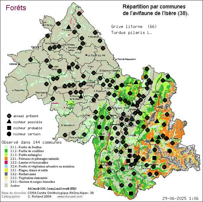 Carte de rpartition par communes en Isre d'une espce d'animal: Grive litorne (Turdus pilaris L.) selon Forts