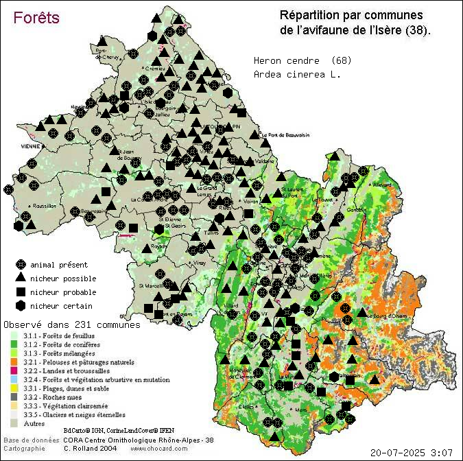 Carte de rpartition par communes en Isre d'une espce d'animal: Hron cendr (Ardea cinerea L.) selon Forts