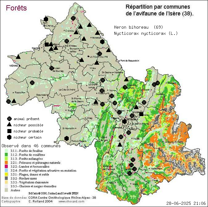 Hron bihoreau (Nycticorax nycticorax (L.)): carte de rpartition en Isre