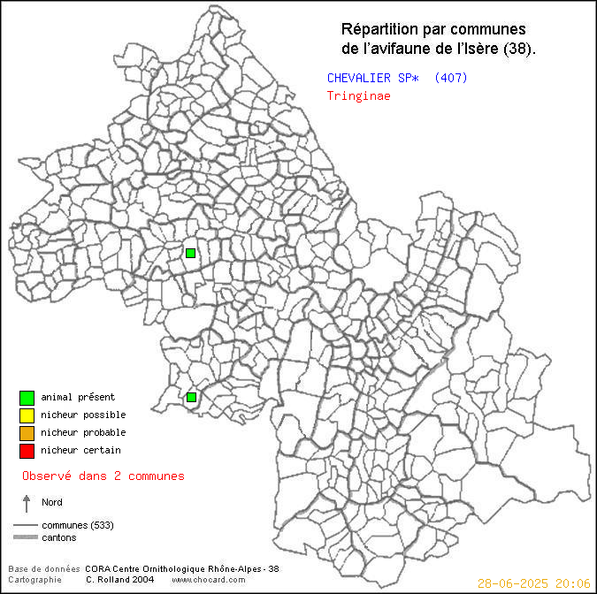 Carte de rpartition par communes en Isre d'une espce d'animal: CHEVALIER SP* (Tringinae) selon Communes et cantons