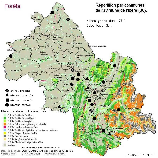 Carte de rpartition par communes en Isre d'une espce d'animal: Hibou grand-duc (Bubo bubo (L.)) selon Forts