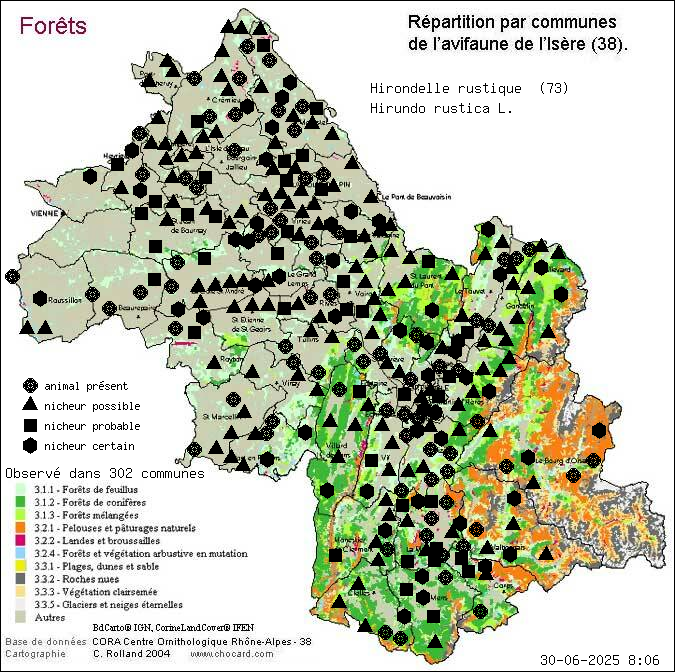 Carte de rpartition par communes en Isre d'une espce d'animal: Hirondelle rustique (Hirundo rustica L.) selon Forts