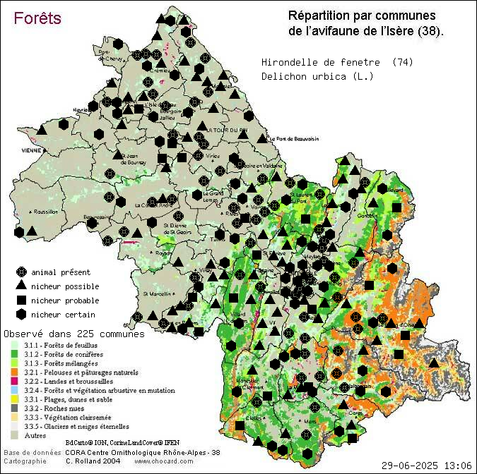 Hirondelle de fentre (Delichon urbica (L.)): carte de rpartition en Isre