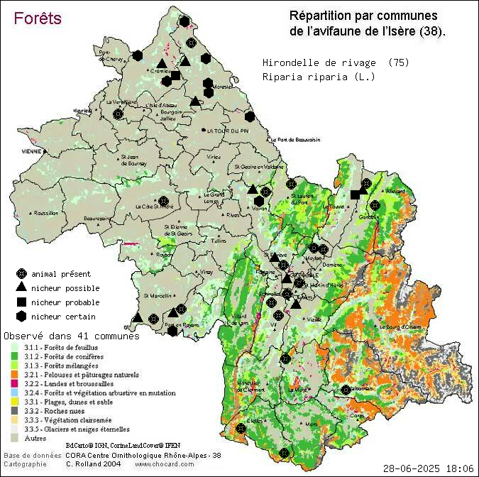 Hirondelle de rivage (Riparia riparia (L.)): carte de rpartition en Isre