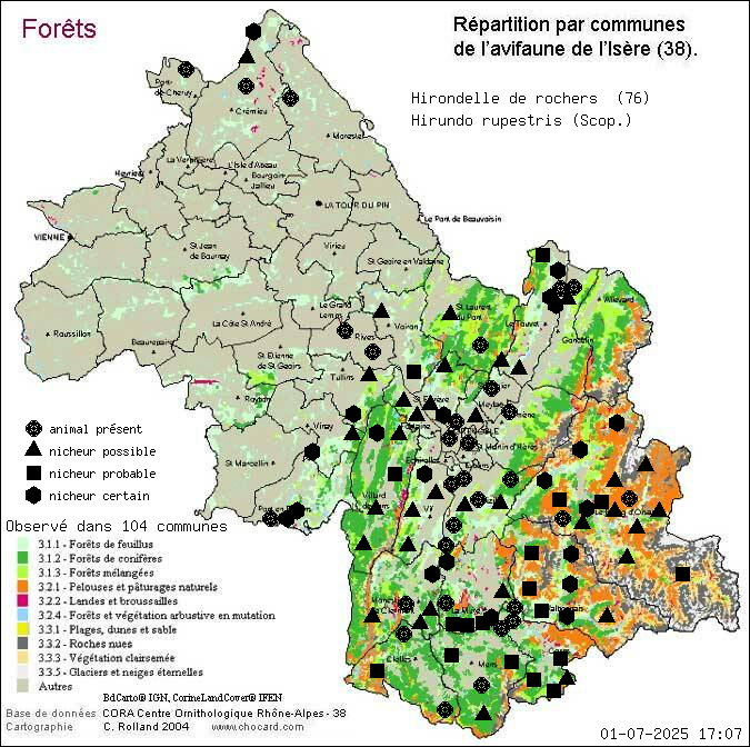 Hirondelle de rochers (Hirundo rupestris (Scop.)): carte de rpartition en Isre