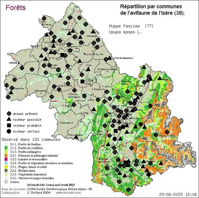 Huppe fascie (Upupa epops L.): carte de rpartition en Isre