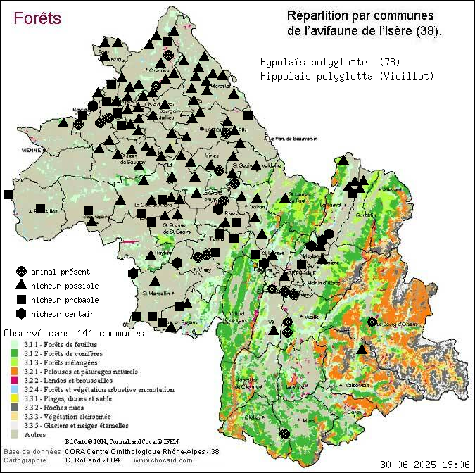 Carte de rpartition par communes en Isre d'une espce d'animal: Hypolas polyglotte (Hippolais polyglotta (Vieillot)) selon Forts