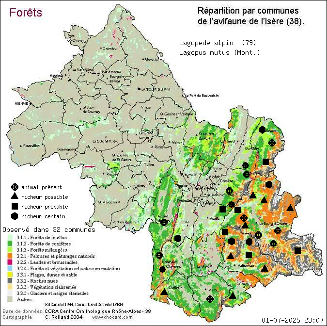 Carte de rpartition par communes en Isre d'une espce d'animal: Lagopde alpin (Lagopus mutus (Mont.)) selon Forts