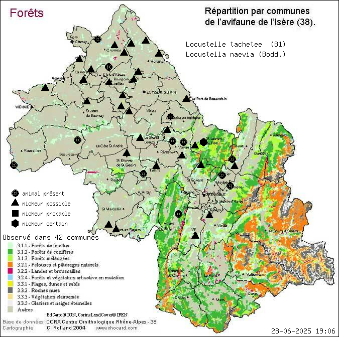 Carte de rpartition par communes en Isre d'une espce d'animal: Locustelle tachete (Locustella naevia (Bodd.)) selon Forts