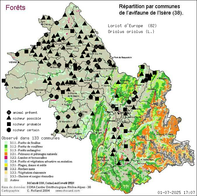 Loriot d Europe (Oriolus oriolus (L.)): carte de rpartition en Isre