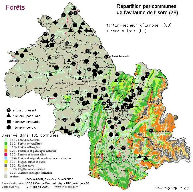 Carte de rpartition par communes en Isre d'une espce d'animal: Martin-pcheur d Europe (Alcedo atthis (L.)) selon Forts