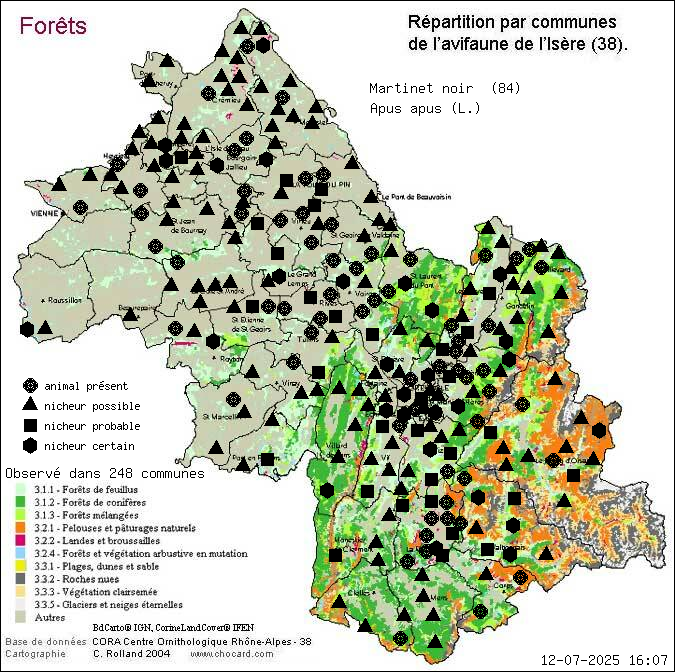 Carte de rpartition par communes en Isre d'une espce d'animal: Martinet noir (Apus apus (L.)) selon Forts