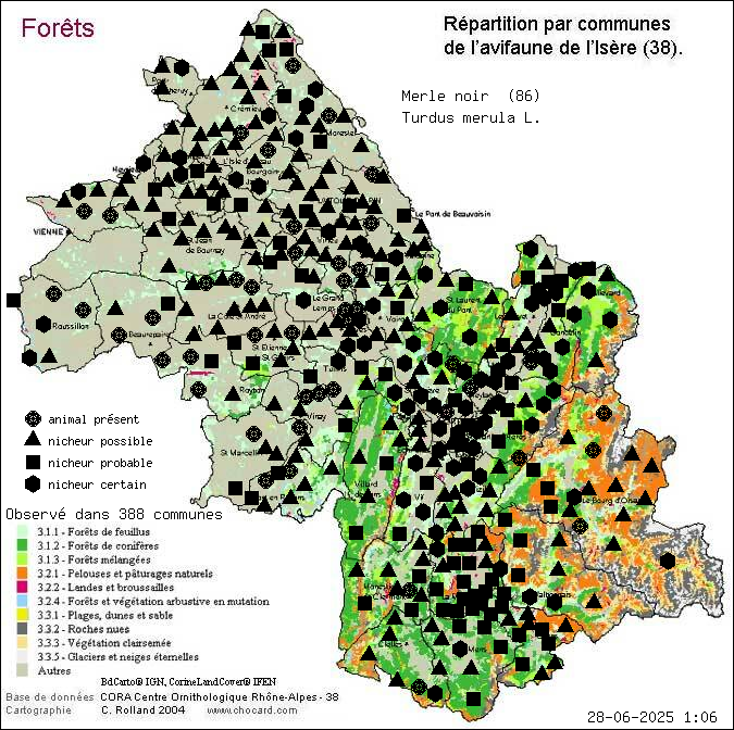 Merle noir (Turdus merula L.): carte de rpartition en Isre