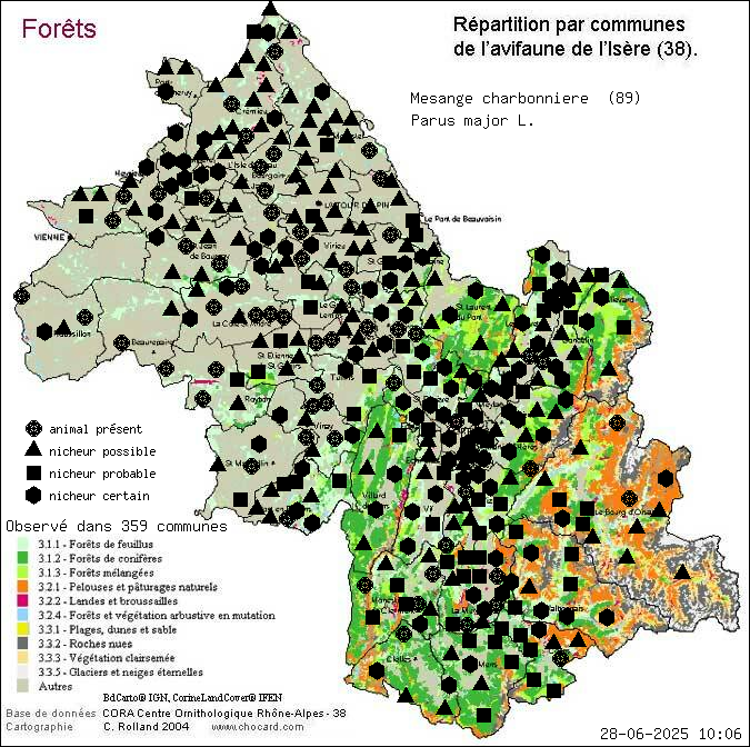 Msange charbonnire (Parus major L.): carte de rpartition en Isre