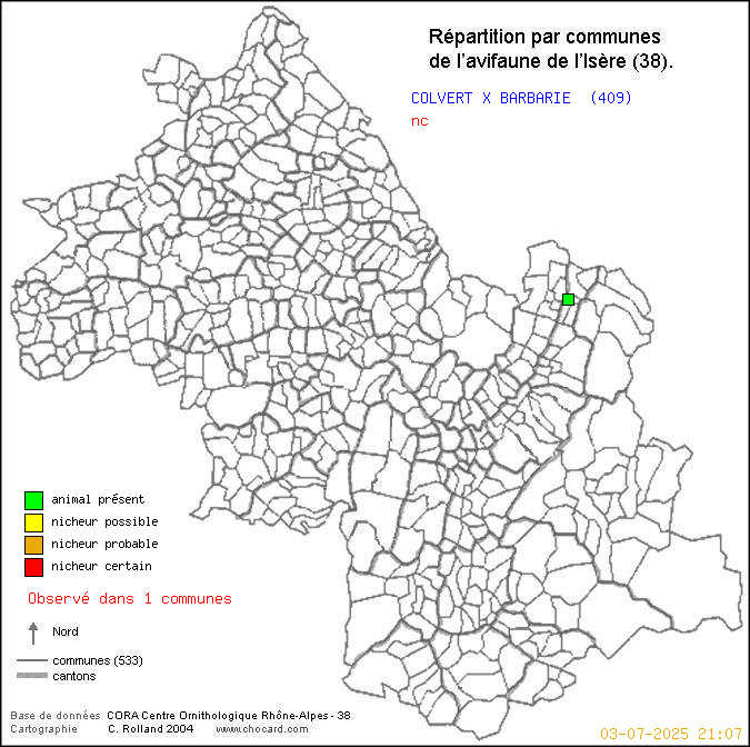 Carte de rpartition par communes en Isre d'une espce d'animal: COLVERT X BARBARIE (nc) selon Communes et cantons