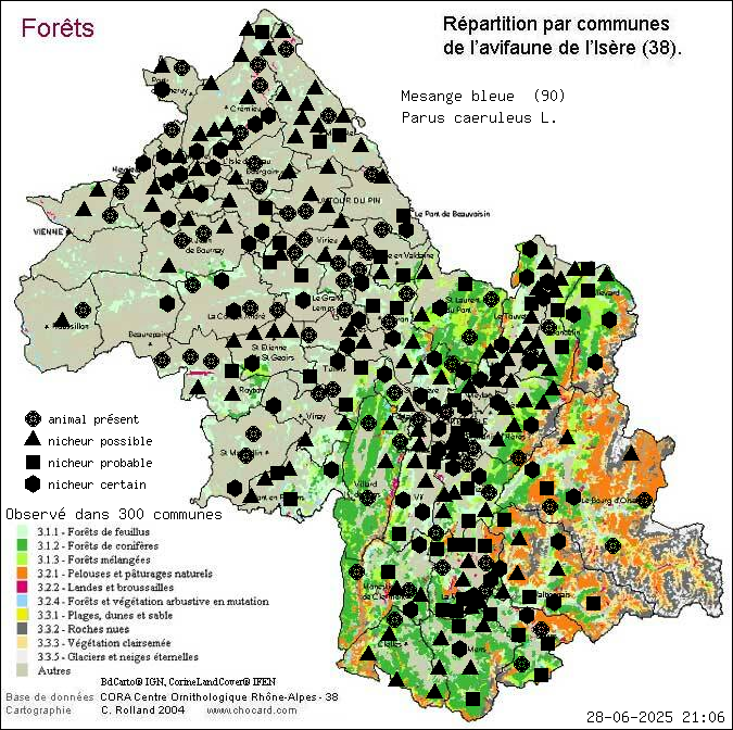 Msange bleue (Parus caeruleus L.): carte de rpartition en Isre