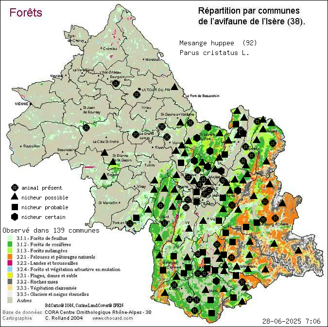 Msange huppe (Parus cristatus L.): carte de rpartition en Isre