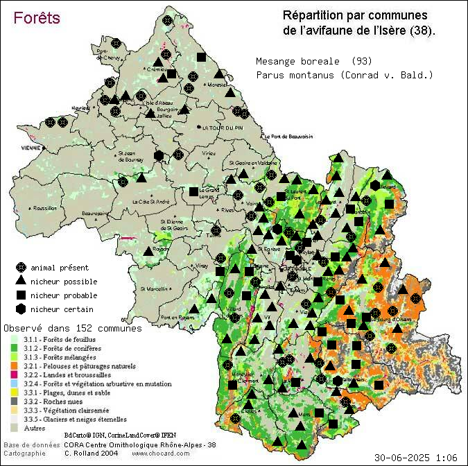 Msange borale (Parus montanus (Conrad v. Bald.)): carte de rpartition en Isre