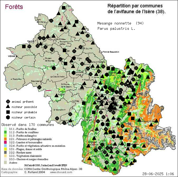 Msange nonnette (Parus palustris L.): carte de rpartition en Isre