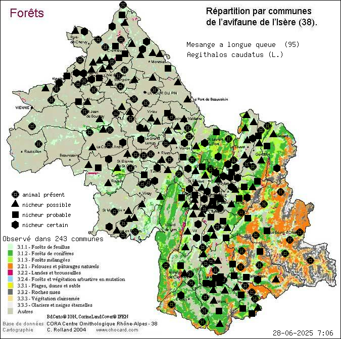 Msange  longue queue (Aegithalos caudatus (L.)): carte de rpartition en Isre