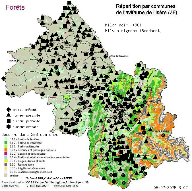 Milan noir (Milvus migrans (Boddaert)): carte de rpartition en Isre