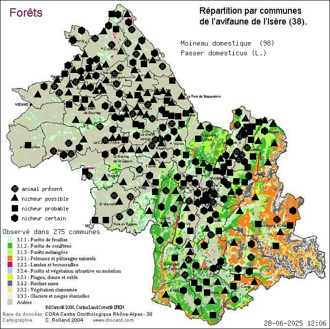 Moineau domestique (Passer domesticus (L.)): carte de rpartition en Isre