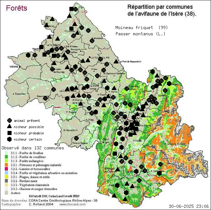 Moineau friquet (Passer montanus (L.)): carte de rpartition en Isre