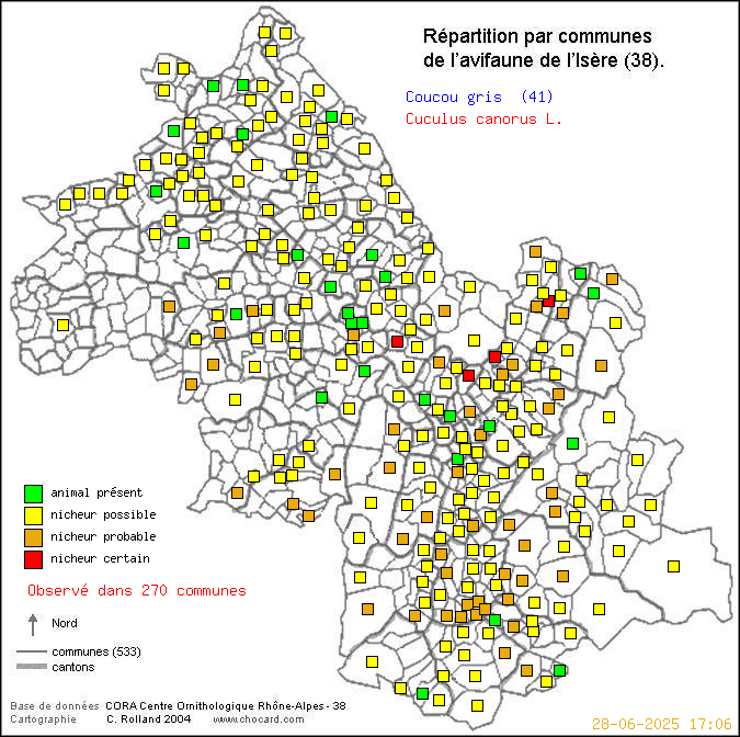 Coucou gris (Cuculus canorus L.): carte de rpartition en Isre