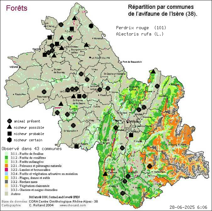 Carte de rpartition par communes en Isre d'une espce d'animal: Perdrix rouge (Alectoris rufa (L.)) selon Forts