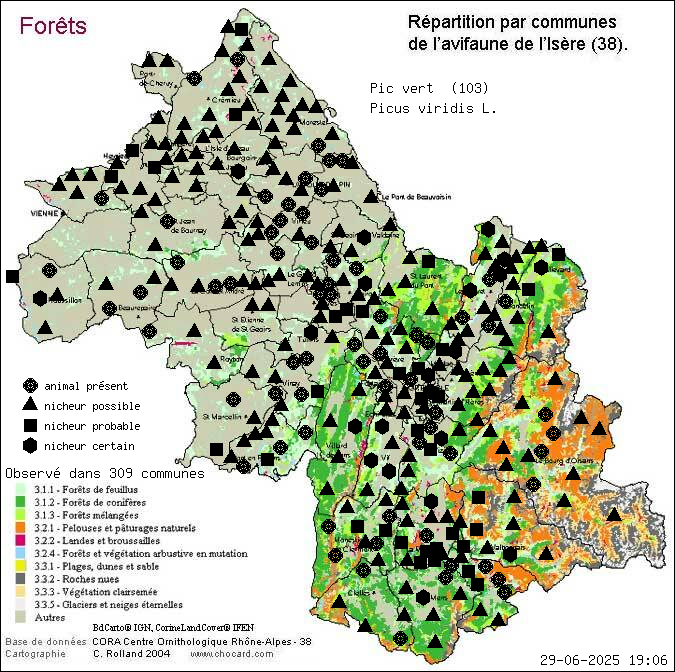 Carte de rpartition par communes en Isre d'une espce d'animal: Pic vert (Picus viridis L.) selon Forts